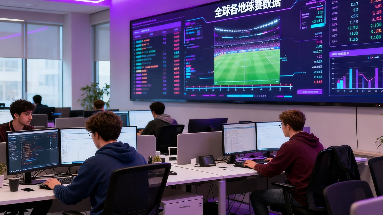 beat·365北京总部办公室实拍，开放式办公区坐满专注工作的年轻工程师，墙面大屏幕实时滚动全球各地球赛数据，霓虹紫色氛围灯映照出现代科技感。