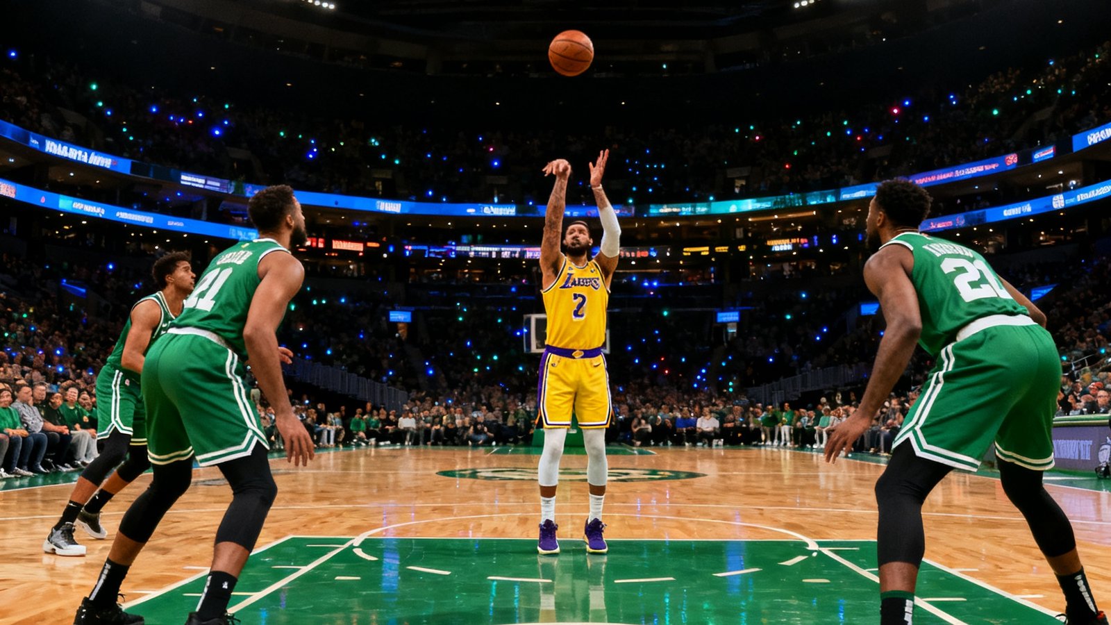 NBA常规赛洛杉矶湖人对阵波士顿凯尔特人的高清直播画面，球员正在罚球线准备投篮，球场灯光璀璨。