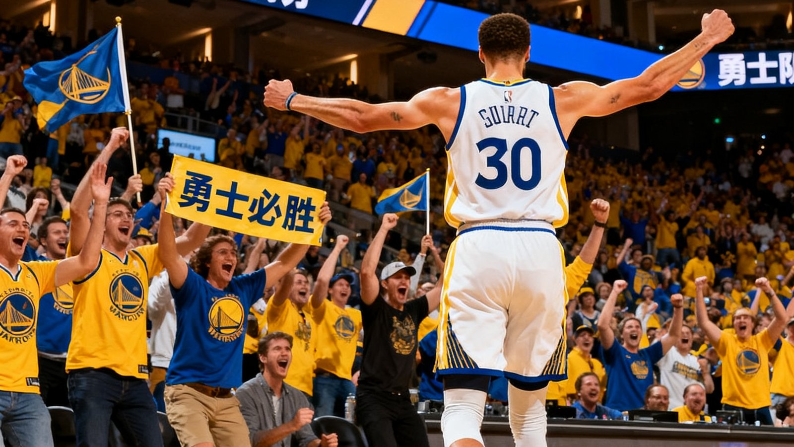 NBA常规赛勇士队主场大胜的精彩瞬间，库里投进三分球后转身庆祝，观众席一片欢腾。