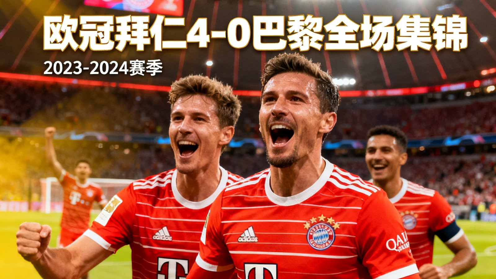 欧冠拜仁慕尼黑4比0大胜巴黎圣日耳曼的全场集锦封面，球员庆祝进球的画面。